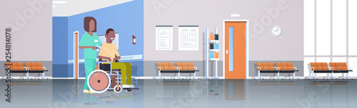 disabled man patient in wheelchair with nurse walking in hospital corridor hall modern clinic interior female male cartoon characters full length flat horizontal