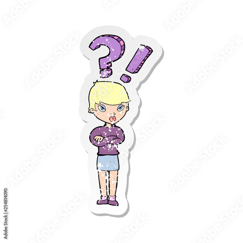 retro distressed sticker of a cartoon woman asking question