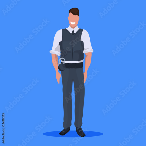 police man officer in uniform male cop security guard professional occupation concept cartoon character full length flat blue background