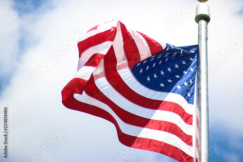 An American flag swaying in the wind in Washington, D.C.