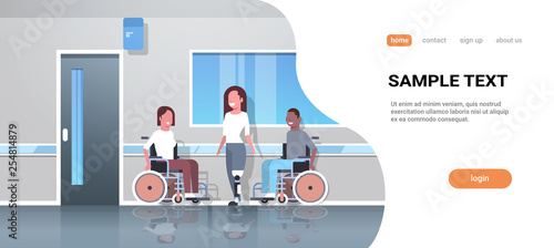disabled people injured in various cases mix race patients sitting in wheelchair woman with prosthetic leg accident disability concept clinic interior full length copy space