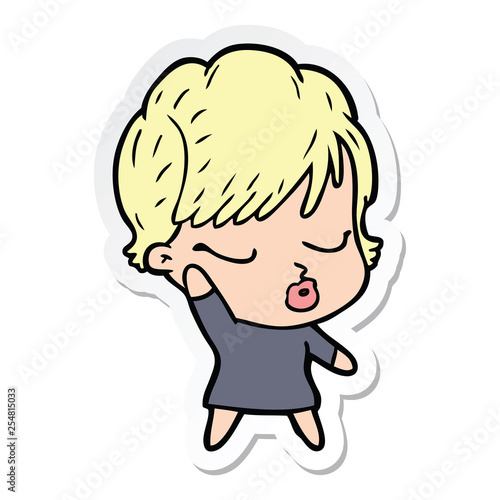 sticker of a cartoon woman with eyes shut