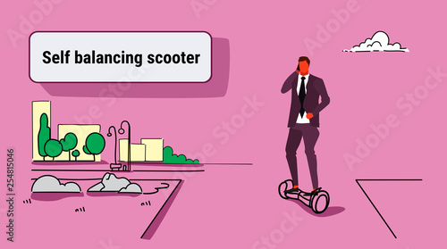 businessman riding electric scooter business man talking smartphone male office worker eco transport concept city urban park landscape sketch doodle horizontal
