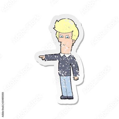 retro distressed sticker of a cartoon man pointing