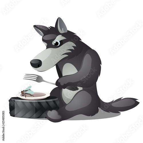 Hungry animated grey wolf with fork and empty plate with fly isolated on white background. Vector cartoon close-up illustration.