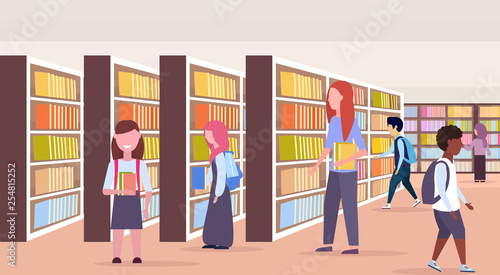 mix race students choosing books pupols near bookshelves rows modern library interior reading education knowledge concept flat horizontal full length