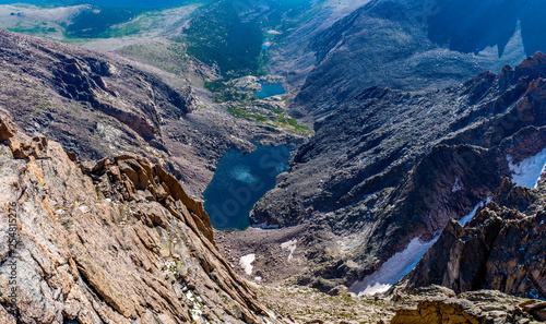 Chasm Lake - Summer morning overview of Chasm Lake, as seen from summit of Longs Peak, Rocky Mountain National Park, Colorado, USA.