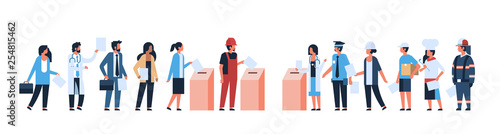 election day concept different occupations voters casting ballots at polling place during voting mix race people putting paper ballot in box full length flat horizontal banner photo