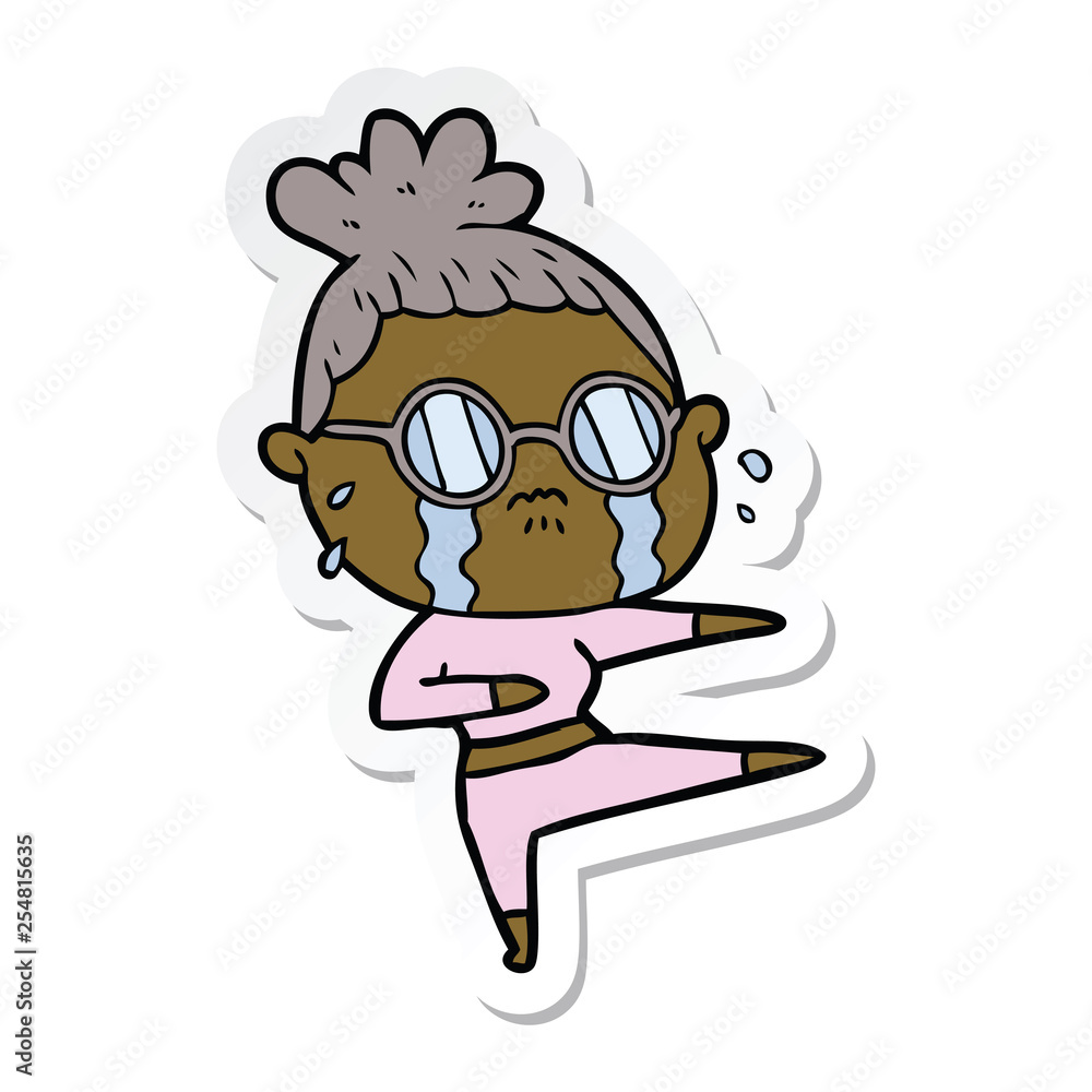 sticker of a cartoon crying woman wearing spectacles