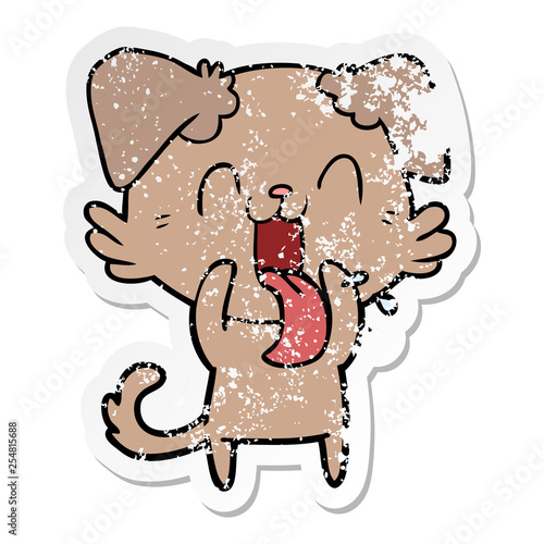 distressed sticker of a cartoon panting dog