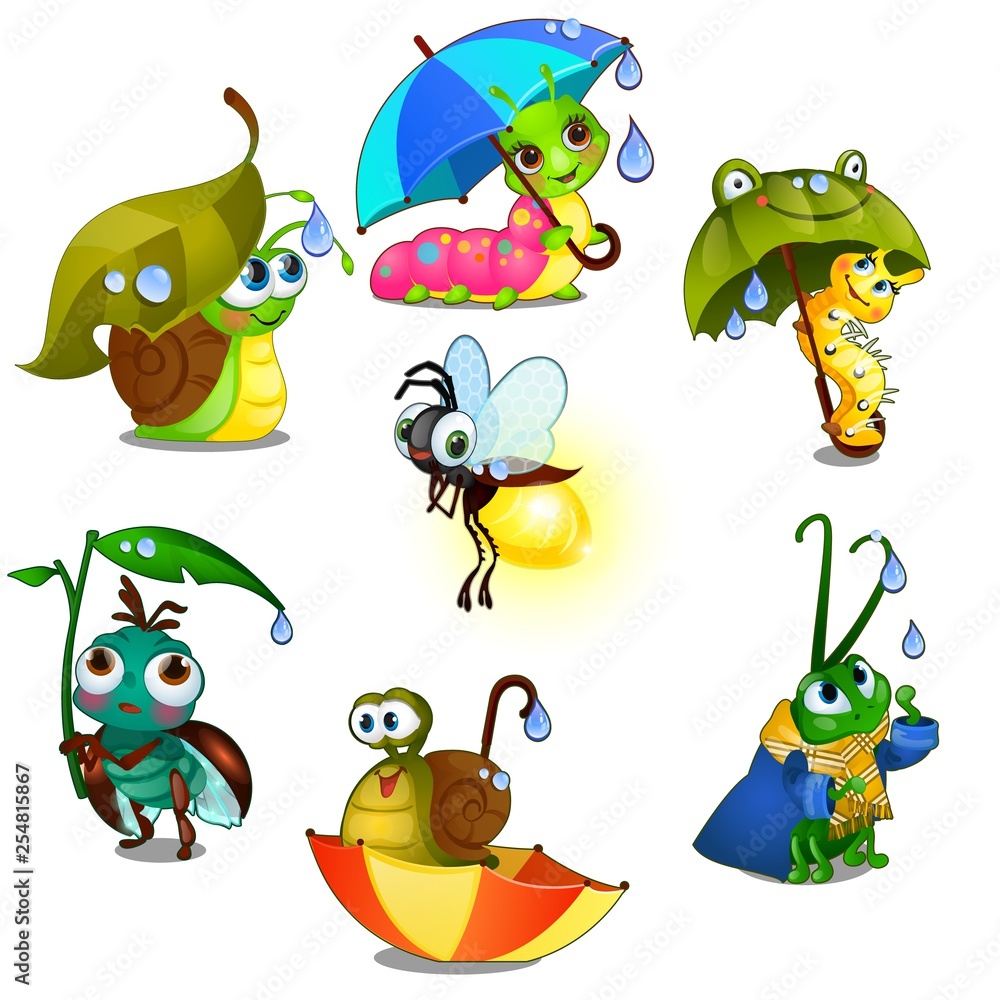 Fototapeta premium Set of cute joyful insects isolated on white background. Vector cartoon close-up illustration.