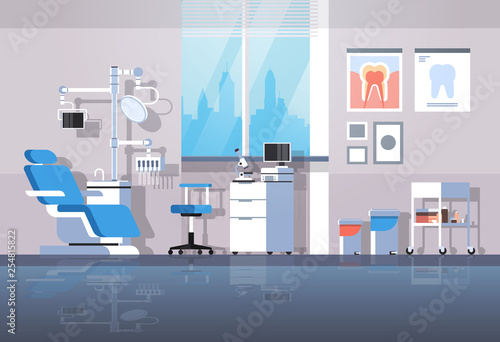 professional dentist chair and tools dental roomr cabinet tooth care concept modern clinic office interior flat horizontal