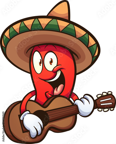Cartoon Mexican red chili pepper playing the guitar clip art. Vector illustration with simple gradients. All in a single layer. 