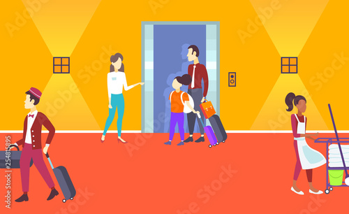 manager receptionist welcoming father daughter arriving tourists standing near elevator doors service staff concept modern hotel interior horizontal full length flat