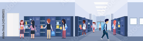 mix race schoolchildren group visiting their lockers modern school corridor interior education concept horizontal banner full length flat