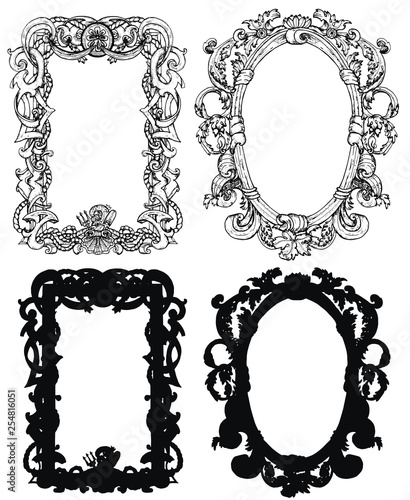 Design set with antique baroque frames in victorian style isolated on white. Hand drawn vector graphic illustration, engraved drawings for cards, posters, invitations, print 