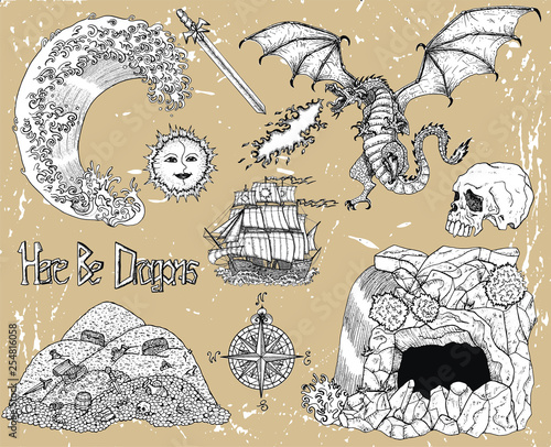 Design set with dragon, cave, skull, treasures, old ship, compass and decor. Vector sketch of fantasy epic, adventures and old transportation concept. Graphic line art engraved illustration