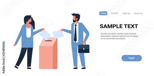election day concept couple man woman voters putting paper ballots in box during voting full length flat horizontal copy space white background