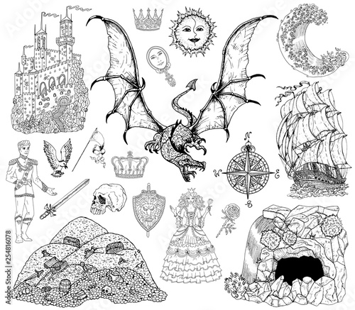 Design set with dragon, princess, cave, treasures, castle, prince, decoration. Vector sketch of fantasy epic, adventures and old transportation concept. Graphic line art engraved illustration