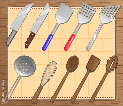 Kitchen utensils and cooking utensils set, 10 editable vector elements, plus additional items, wood texture and kitchen towel included.