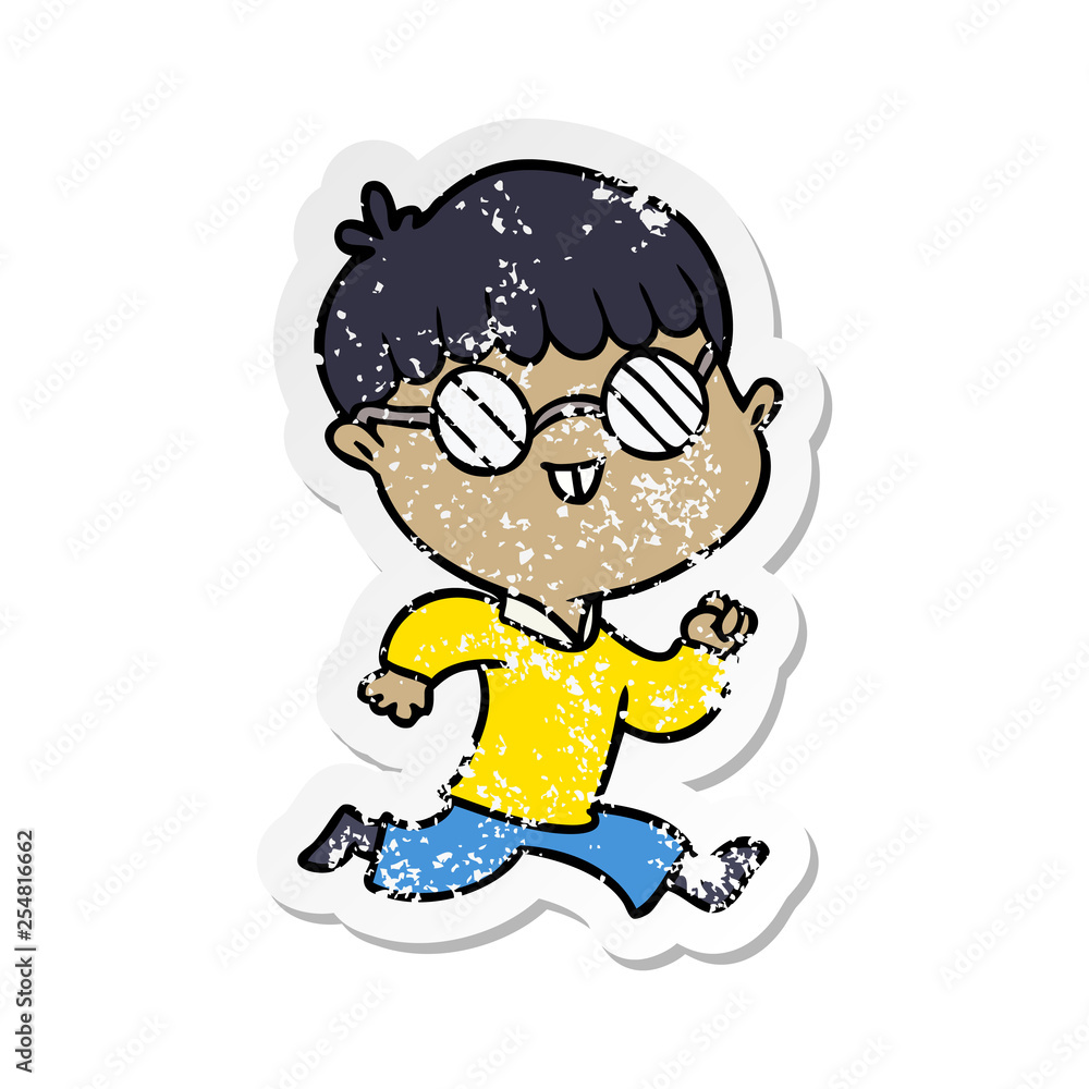 distressed sticker of a cartoon boy wearing spectacles distressed sticker of a cartoon boy wearing spectacles