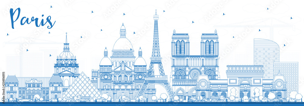 Outline Paris France City Skyline with Blue Buildings.