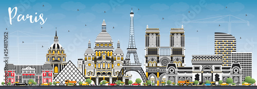 Paris France City Skyline with Color Buildings and Blue Sky.