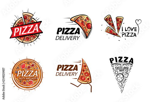 Logo of a sketched pizza. Vector illustration on white background