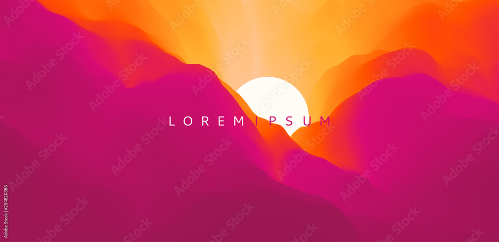 Sky with clouds and sun. Landscape with mountains. Sunset. Mountainous terrain. Abstract background. Vector illustration for advertising, marketing, presentation. - obrazy, fototapety, plakaty 