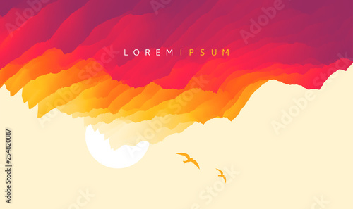 Sky with clouds and sun. Beautiful sunrise with seagulls silhouettes. Relaxing background. Motion vector Illustration.
