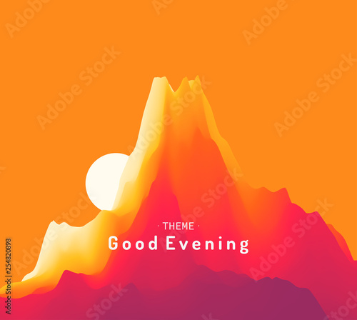 Landscape with mountains and sun. Sunset. Mountainous terrain. Abstract background. Vector illustration.