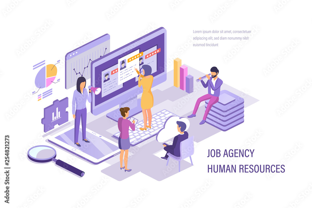 Job agency human resources. Search working staff, selection, study resume.
