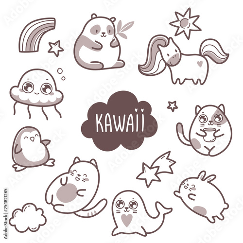 Kawaii cute collection of super cute animals and elements. Vector outline llustration.