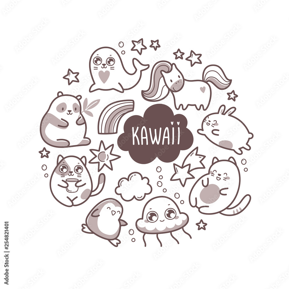 Kawaii cute round illustration with super cute animals and elements. Vector outline llustration. Kawaii cute round illustration with super cute animals and elements. Vector outline llustration.