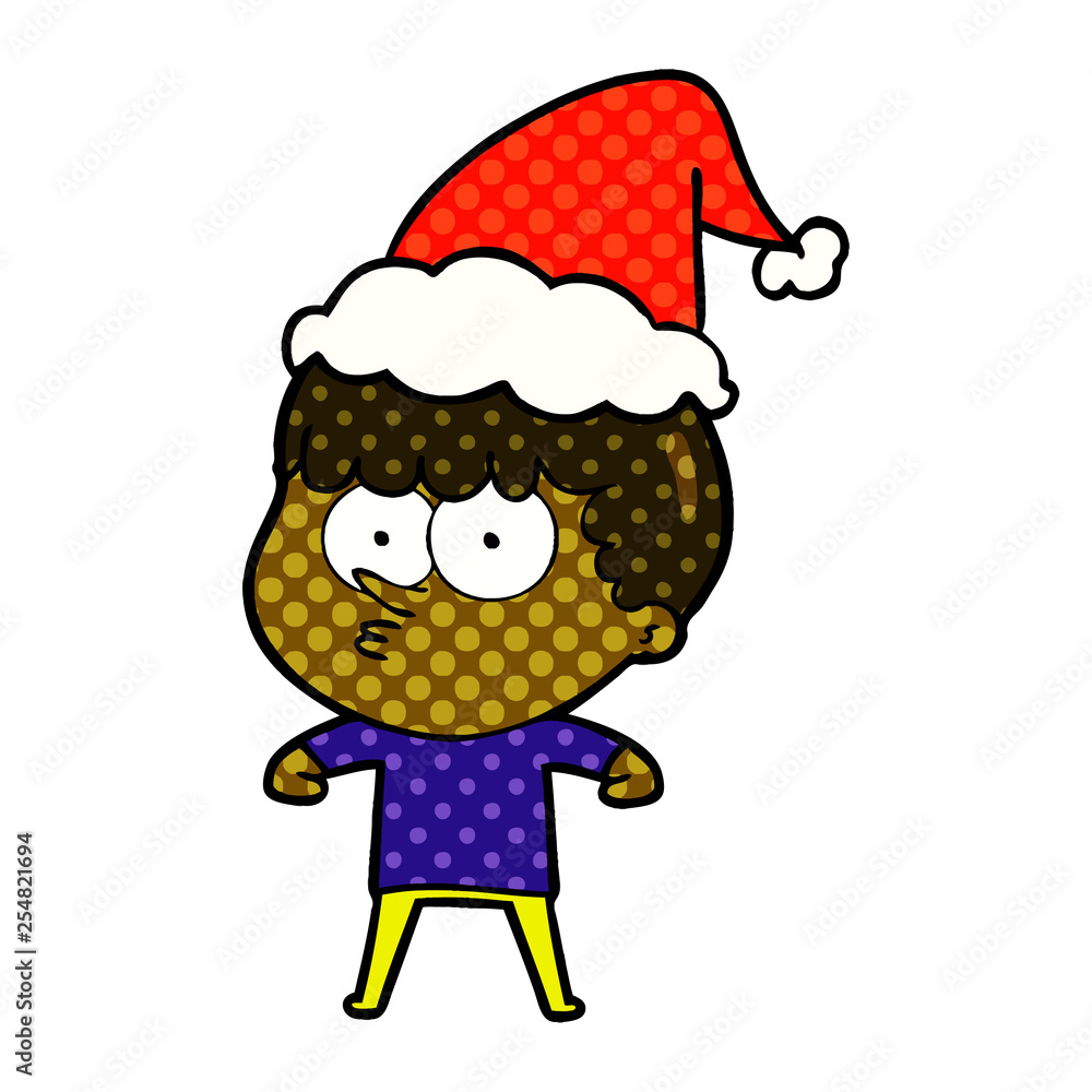 Naklejka premium comic book style illustration of a curious boy wearing santa hat