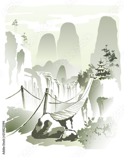 Suspension bridge over the waterfall Imitation of traditional Chinese painting. Illustration, vector.