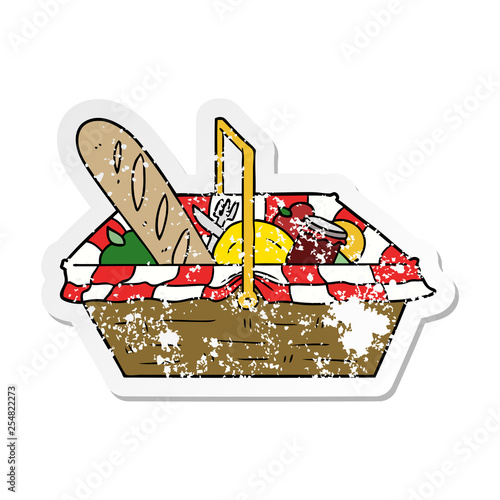 distressed sticker of a cartoon picnic basket