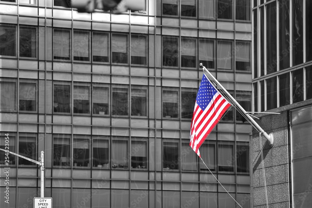 Selective focus of The United State of America flag with black and White background