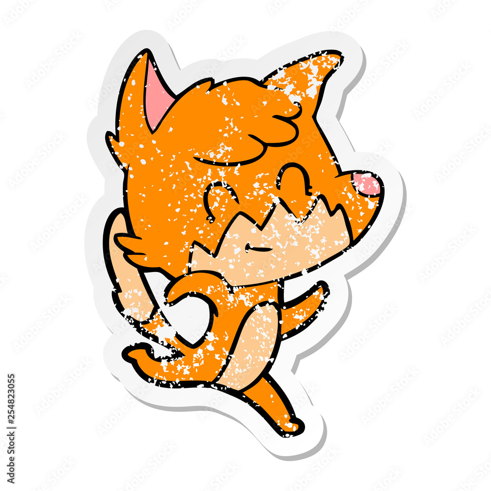 distressed sticker of a cartoon friendly fox distressed sticker of a cartoon friendly fox