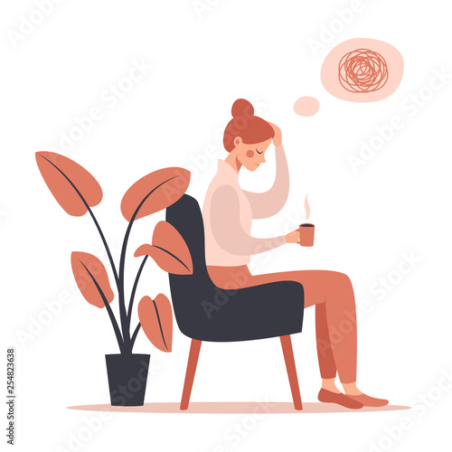 Young woman with headache drinking hot coffee while sitting in chair. Vector illustration isolated from white background