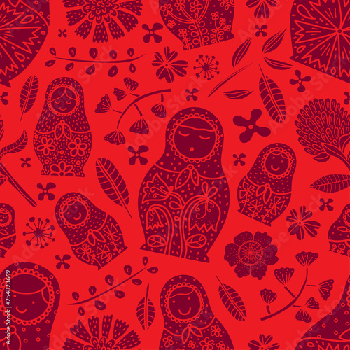 Dolls and flowers. Cute babushka.Seamless pattern.