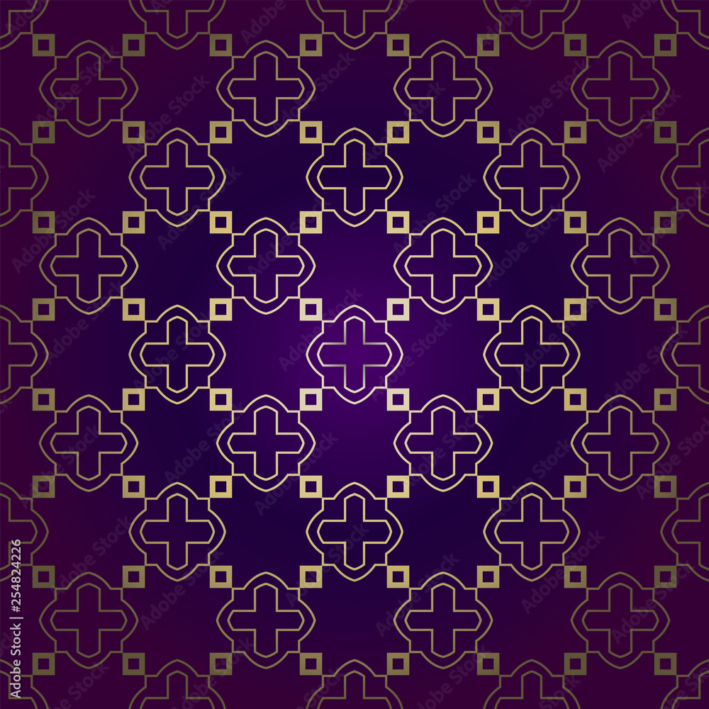 Obraz premium Stylish Geometric Texture. Repeating Background With Chaotic Forms. Vector Ornament. For Wallpaper, Fashion, Print, Scrapbook Paper, Advert, Business, Presentation. Luxury design in purple gold color.