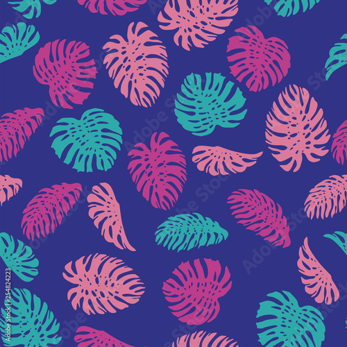 Abstract color monstera seamless pattern blue background