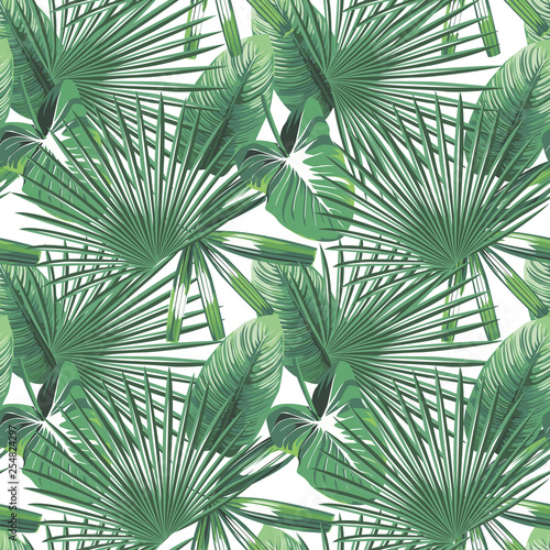 Tropical leaves seamless pattern white background