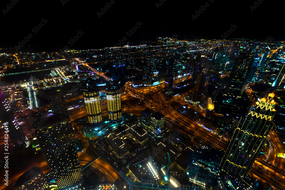View from the Burj Khalifa tower at night Dubai.