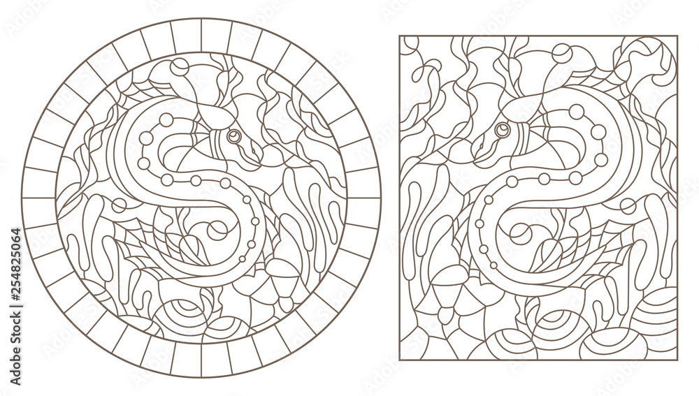 Set of contour illustrations of stained glass Windows with fishes on the background of the seabed and algae, dark contours on a white background