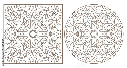 Set of contour illustrations with abstract floral patterns, round and square image, dark contours on white background