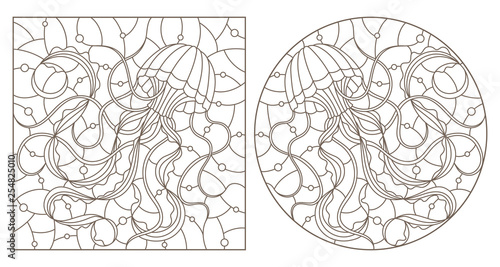 A set of contour illustrations of stained glass Windows with jellyfish on a background of water and air bubbles, dark contours on a white background