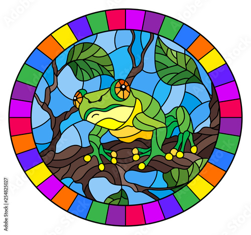 Illustration in stained glass style with bright green frog on plant branches background with leaves  on blue background, round image in bright frame