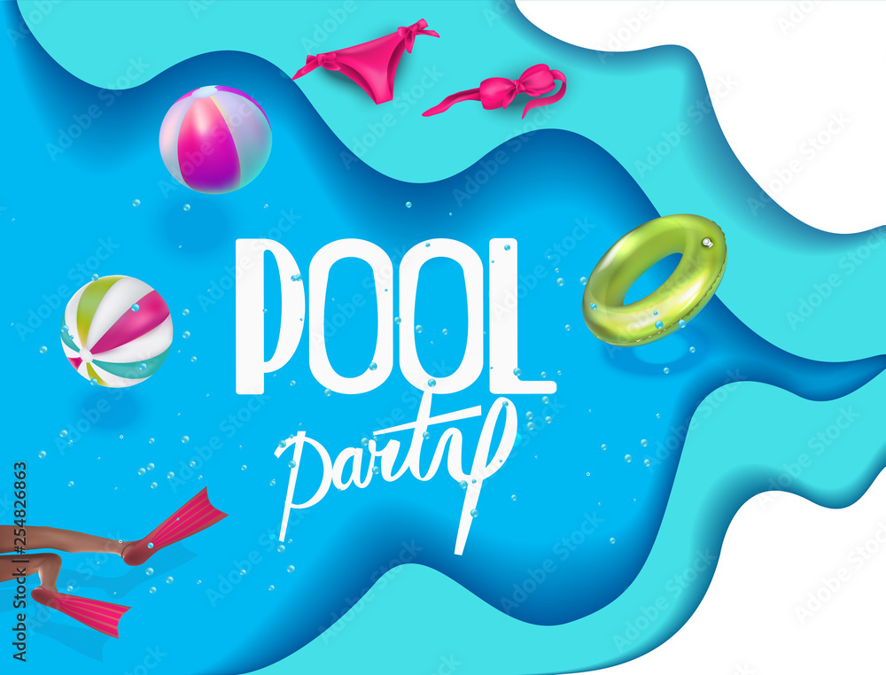 Pool party poster with inflatable toys in swim pool water. View above. Vector illustration